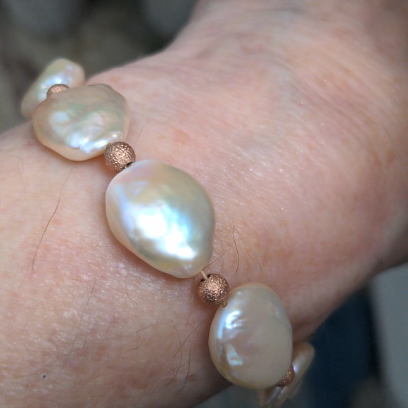 Lustrous Baroque Pearl& Rose Gold Bead Bracelet, Crystal Ball Clasp, 7", New - Picture 3 of 10
